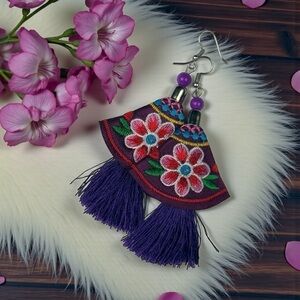 Boho Embroidered Purple Floral Tassel Drop Mexican Otomi Inspired Earrings